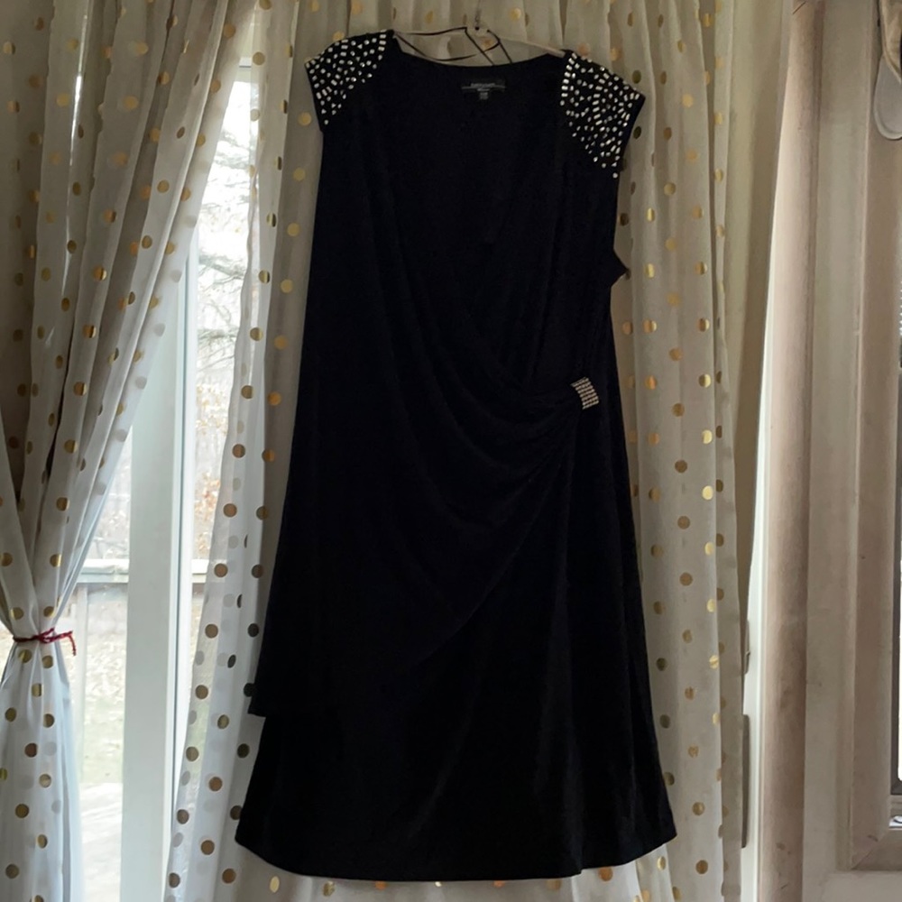 Black wrap sheath with rhinestone embellishments